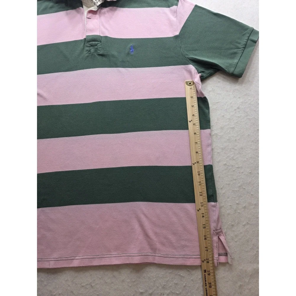 Polo Ralph Lauren Vintage Men's Green & Pink Striped Polo Shirt. Size XL